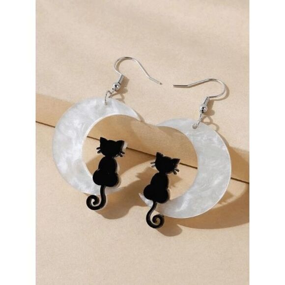 MOON AND CAT DANGLE EARRINGS - Picture 1 of 3
